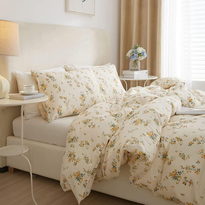 Yellow Floral Comforter Set Queen Botanical Bedding Comforter Set for Queen Bed Women Girl Garden Bohemian Floral Comforter with 2 Pillowcases,Garden Style Bedding Sets