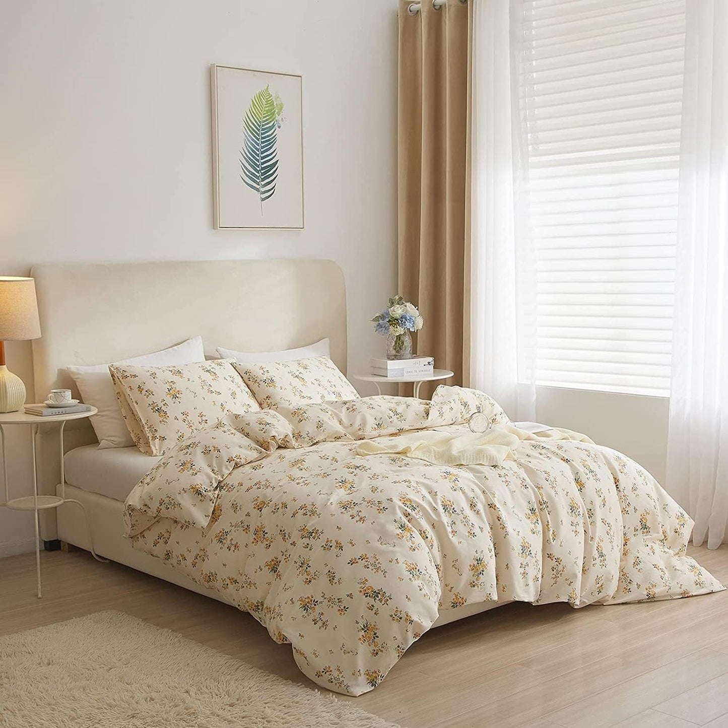 Yellow Floral Comforter Set Queen Botanical Bedding Comforter Set for Queen Bed Women Girl Garden Bohemian Floral Comforter with 2 Pillowcases,Garden Style Bedding Sets