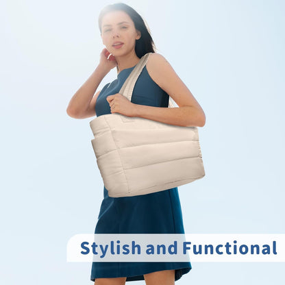 Puffer Tote Bag for Women, Lightweight Puffy Handbag with Compartments, Quilted Shoulder Bag for Work, Travel, Gym - Colors B
