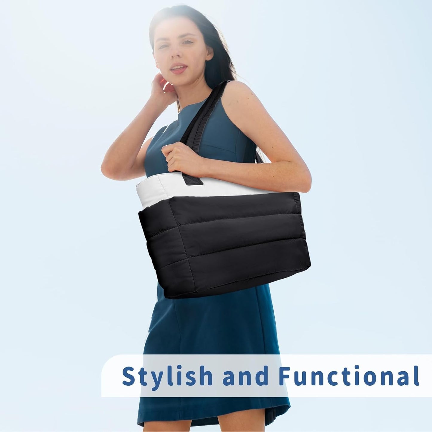 Puffer Tote Bag for Women, Lightweight Puffy Handbag with Compartments, Quilted Shoulder Bag for Work, Travel, Gym - Colors B