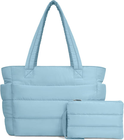 Puffer Tote Bag for Women, Lightweight Puffy Handbag with Compartments, Quilted Shoulder Bag for Work, Travel, Gym - Colors B