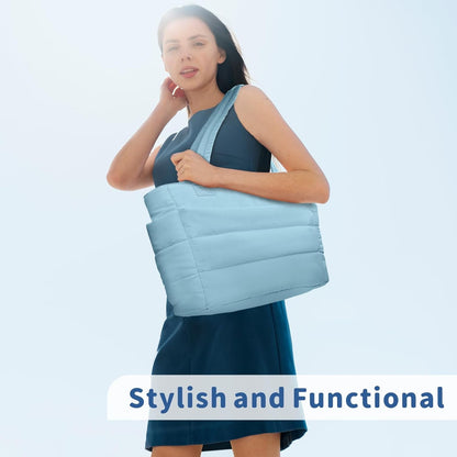 Puffer Tote Bag for Women, Lightweight Puffy Handbag with Compartments, Quilted Shoulder Bag for Work, Travel, Gym - Colors B