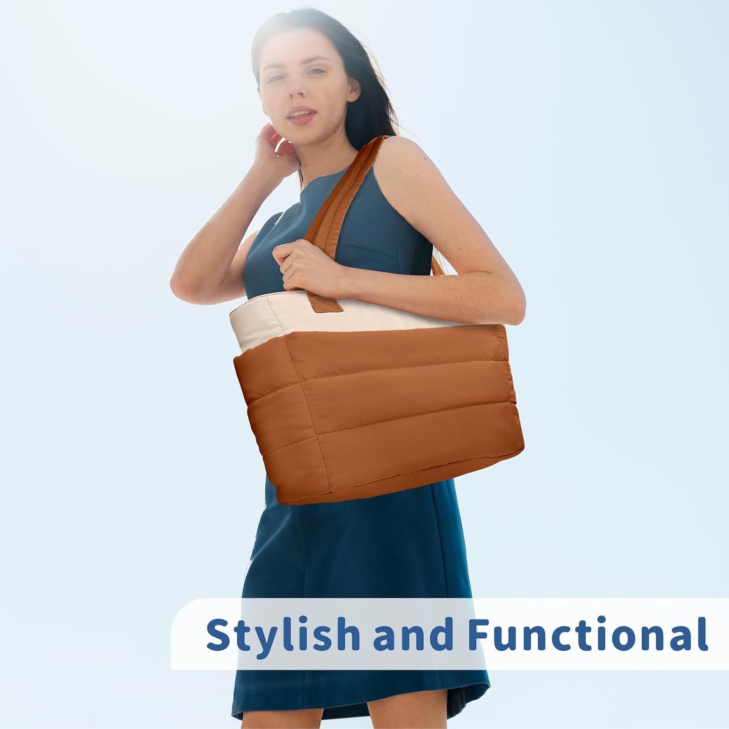 Puffer Tote Bag for Women, Lightweight Puffy Handbag with Compartments, Quilted Shoulder Bag for Work, Travel, Gym - Colors B