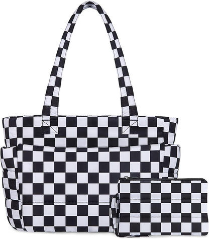 Puffer Tote Bag for Women, Lightweight Puffy Handbag with Compartments, Quilted Shoulder Bag for Work, Travel, Gym - Colors B