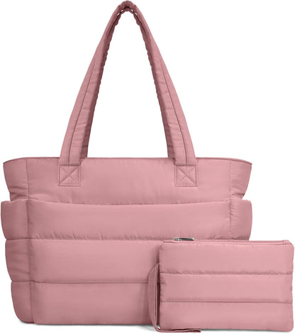 Puffer Tote Bag for Women, Lightweight Puffy Handbag with Compartments, Quilted Shoulder Bag for Work, Travel, Gym - Colors B