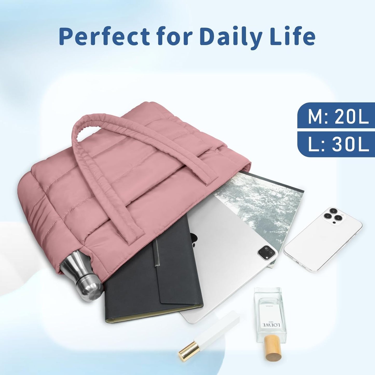 Puffer Tote Bag for Women, Lightweight Puffy Handbag with Compartments, Quilted Shoulder Bag for Work, Travel, Gym - Colors B