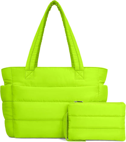Puffer Tote Bag for Women, Lightweight Puffy Handbag with Compartments, Quilted Shoulder Bag for Work, Travel, Gym - Colors B