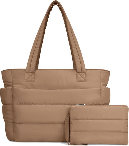 Puffer Tote Bag for Women, Lightweight Puffy Handbag with Compartments, Quilted Shoulder Bag for Work, Travel, Gym - Colors B
