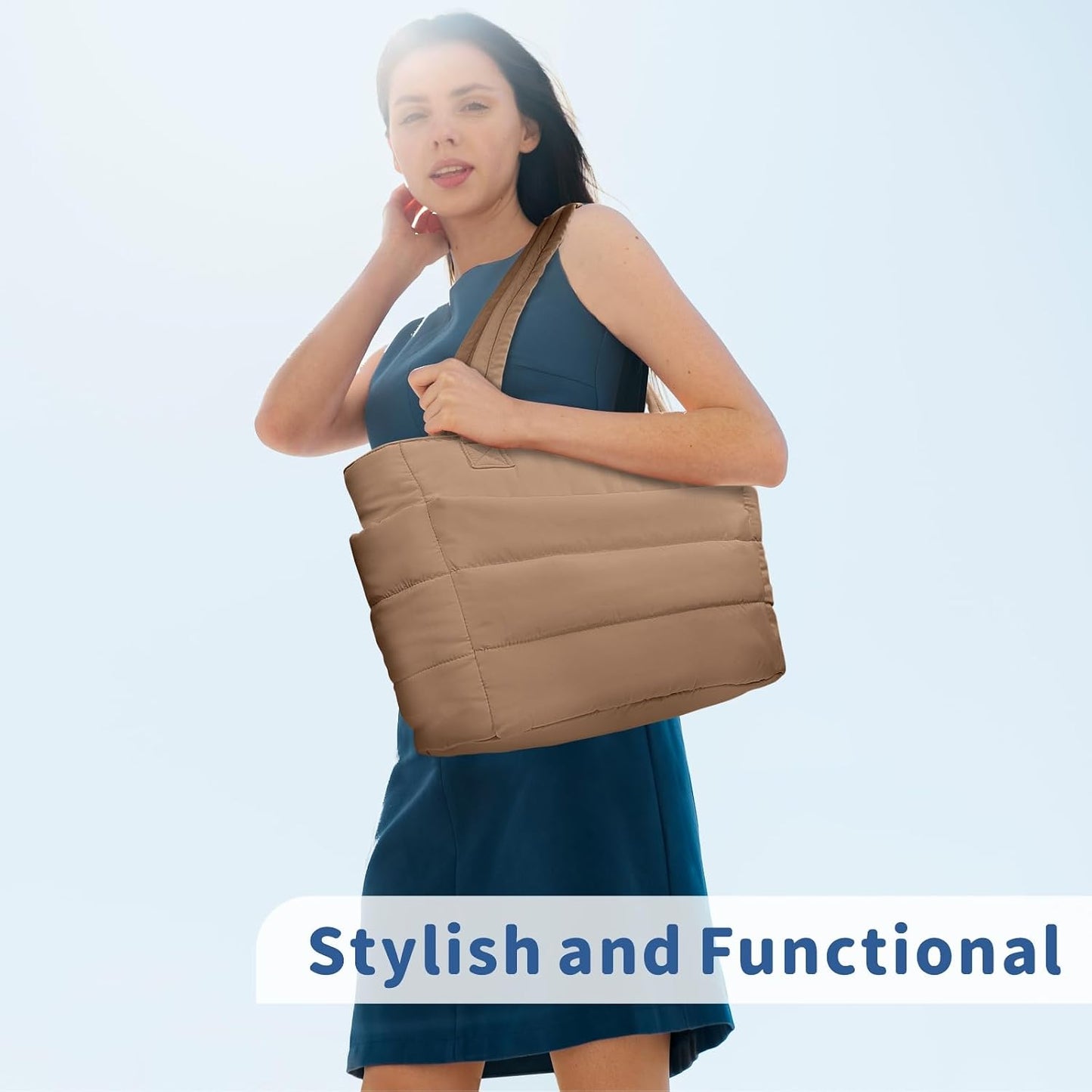 Puffer Tote Bag for Women, Lightweight Puffy Handbag with Compartments, Quilted Shoulder Bag for Work, Travel, Gym - Colors B