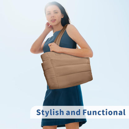 Puffer Tote Bag for Women, Lightweight Puffy Handbag with Compartments, Quilted Shoulder Bag for Work, Travel, Gym - Colors B