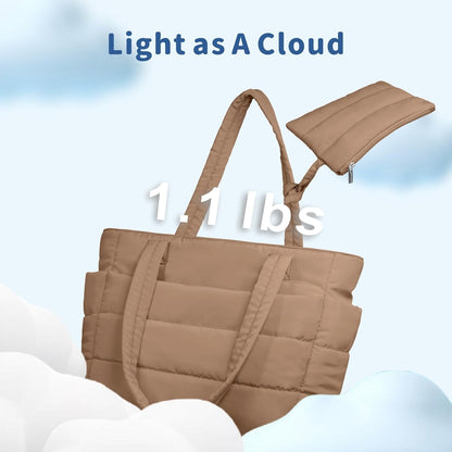 Puffer Tote Bag for Women, Lightweight Puffy Handbag with Compartments, Quilted Shoulder Bag for Work, Travel, Gym - Colors B