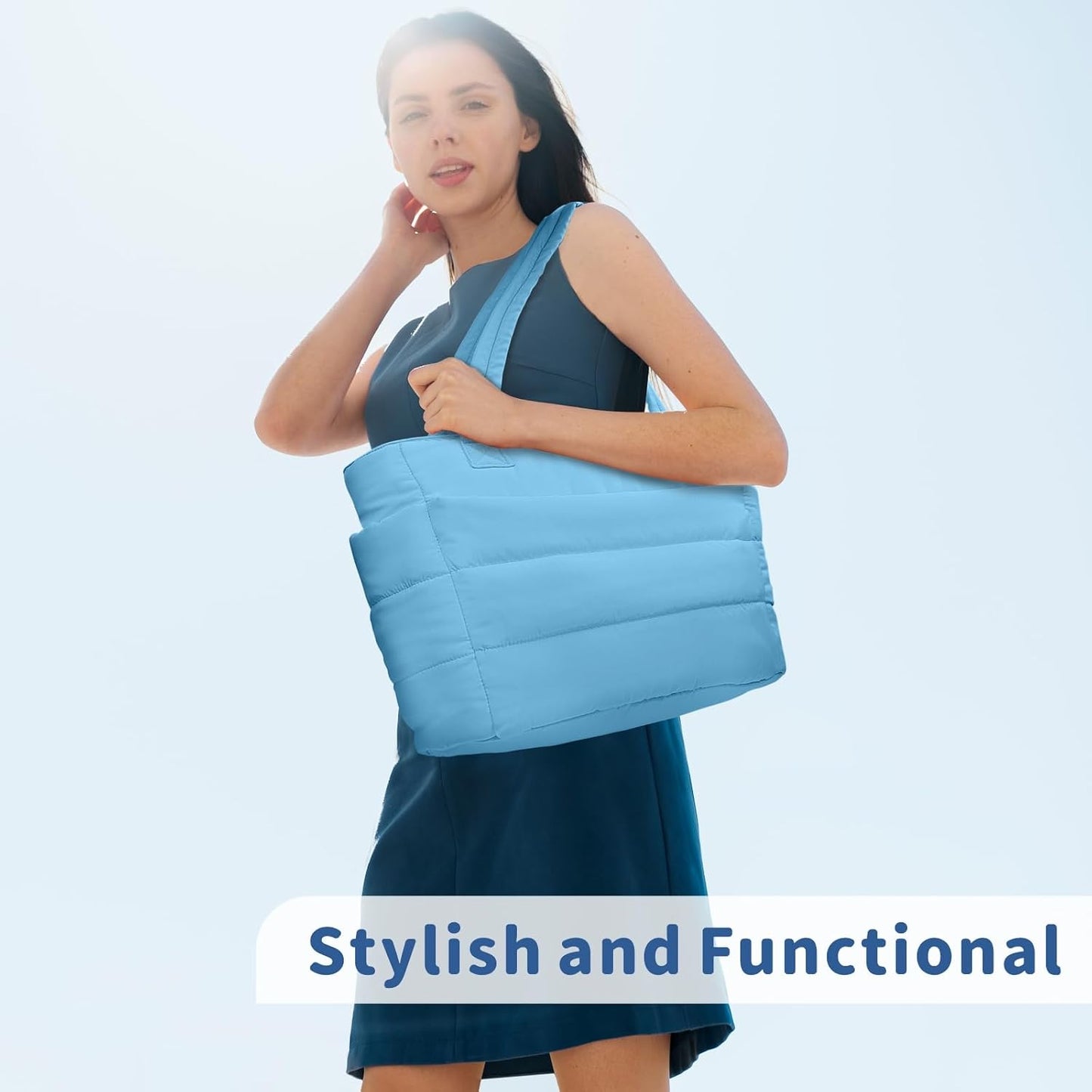 Puffer Tote Bag for Women, Lightweight Puffy Handbag with Compartments, Quilted Shoulder Bag for Work, Travel, Gym - Colors B
