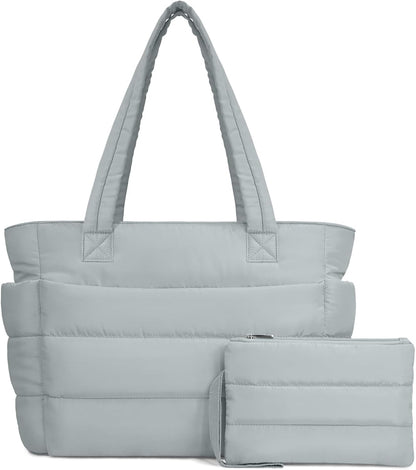 Puffer Tote Bag for Women, Lightweight Puffy Handbag with Compartments, Quilted Shoulder Bag for Work, Travel, Gym - Colors B
