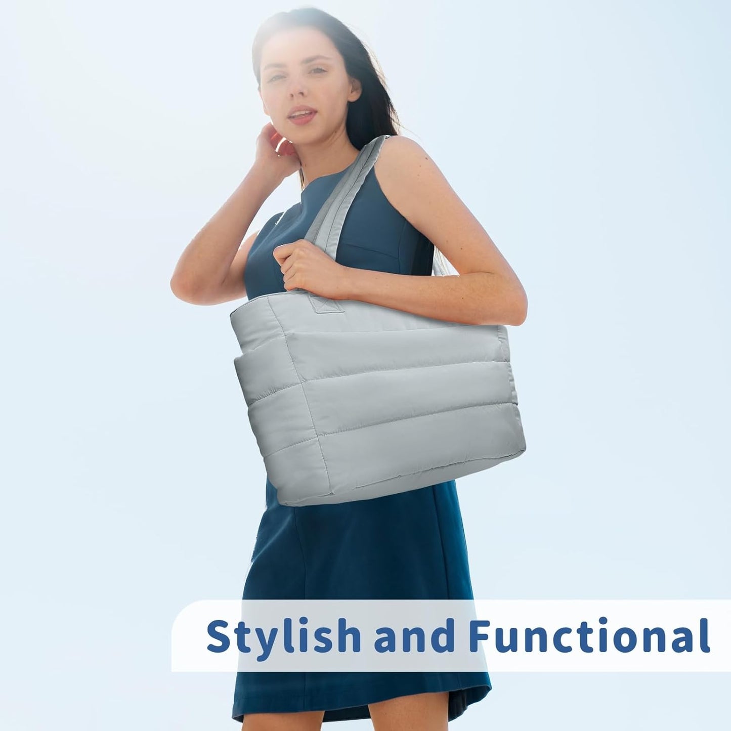 Puffer Tote Bag for Women, Lightweight Puffy Handbag with Compartments, Quilted Shoulder Bag for Work, Travel, Gym - Colors B