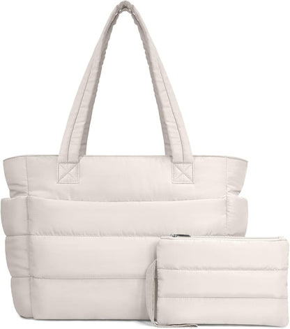 Puffer Tote Bag for Women, Lightweight Puffy Handbag with Compartments, Quilted Shoulder Bag for Work, Travel, Gym - Colors B