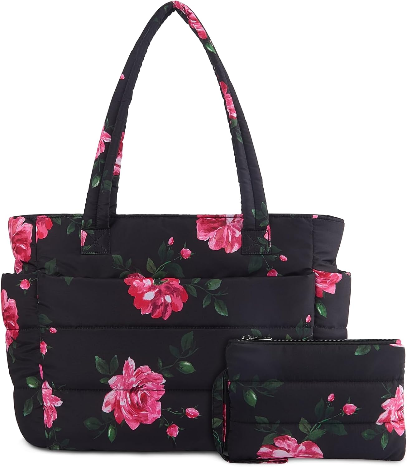 Puffer Tote Bag for Women, Lightweight Puffy Handbag with Compartments, Quilted Shoulder Bag for Work, Travel, Gym - Colors B