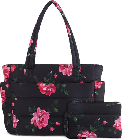 Puffer Tote Bag for Women, Lightweight Puffy Handbag with Compartments, Quilted Shoulder Bag for Work, Travel, Gym - Colors B