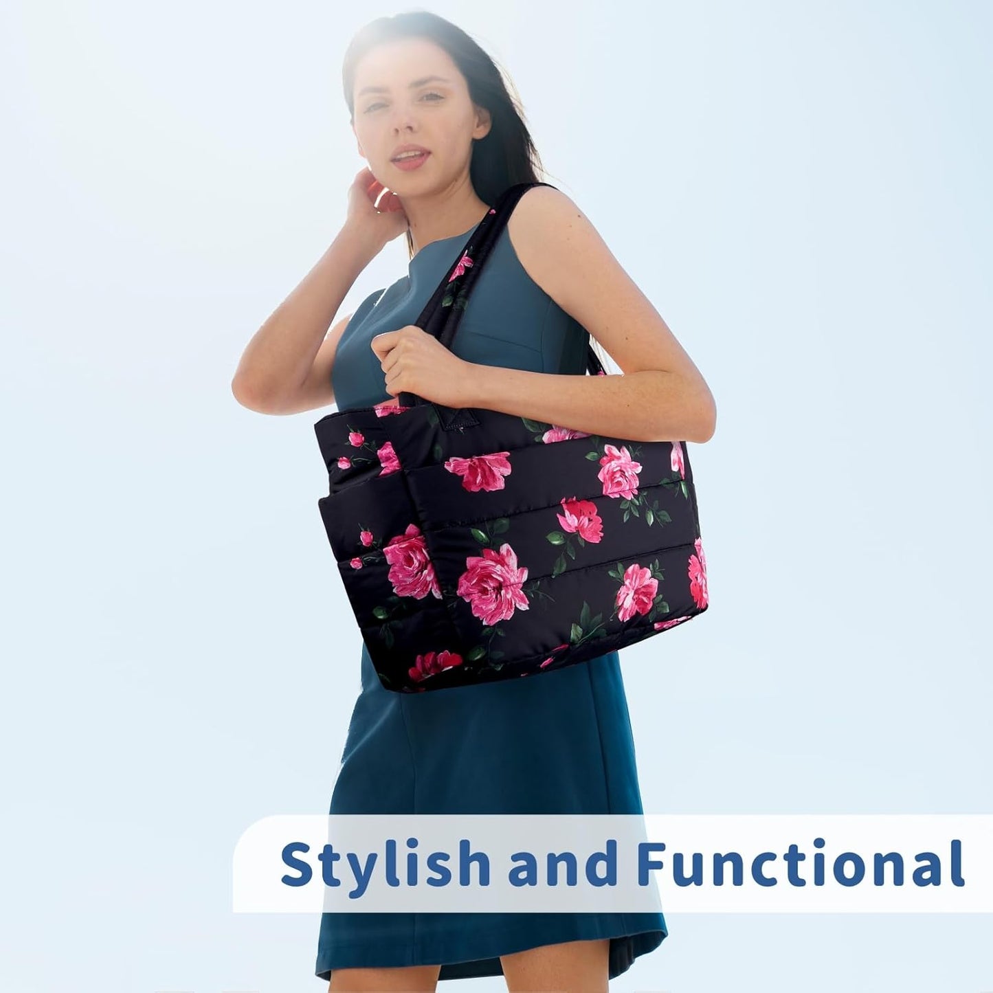 Puffer Tote Bag for Women, Lightweight Puffy Handbag with Compartments, Quilted Shoulder Bag for Work, Travel, Gym - Colors B