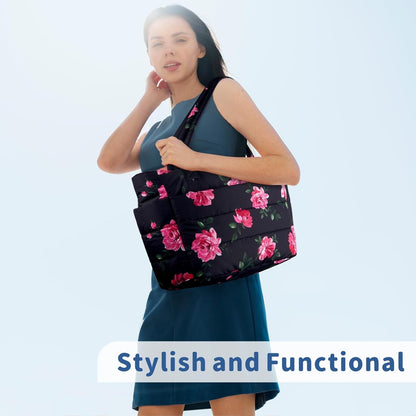 Puffer Tote Bag for Women, Lightweight Puffy Handbag with Compartments, Quilted Shoulder Bag for Work, Travel, Gym - Colors B