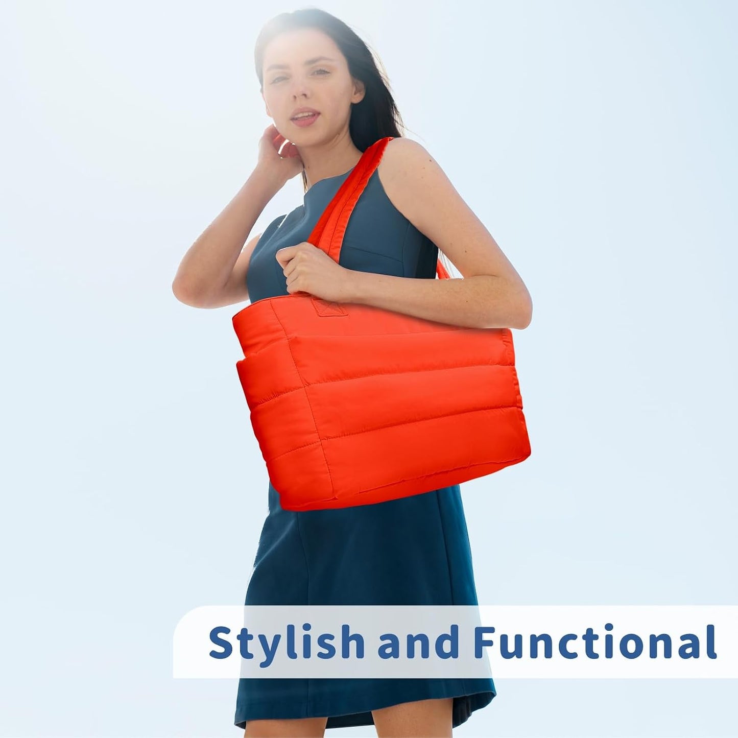 Puffer Tote Bag for Women, Lightweight Puffy Handbag with Compartments, Quilted Shoulder Bag for Work, Travel, Gym - Colors B