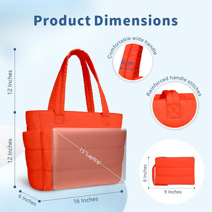 Puffer Tote Bag for Women, Lightweight Puffy Handbag with Compartments, Quilted Shoulder Bag for Work, Travel, Gym - Colors B