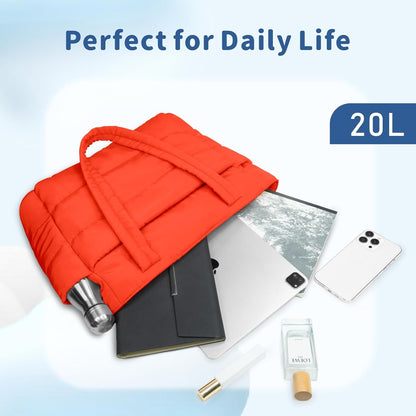 Puffer Tote Bag for Women, Lightweight Puffy Handbag with Compartments, Quilted Shoulder Bag for Work, Travel, Gym - Colors B