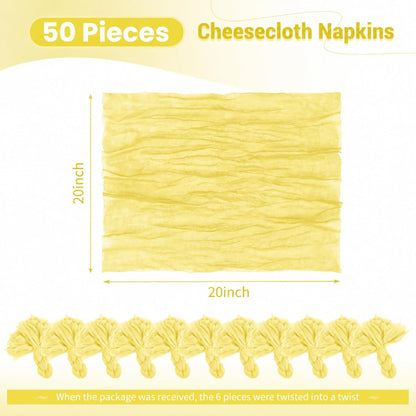 50 Pack Yellow Cheesecloth Napkins 20x20 Inch Cloth Napkins Bulk Rustic Boho Gauze Dinner Napkin Cloth Washable Table Napkin for Wedding Party Bridal Baby Shower Table Decor