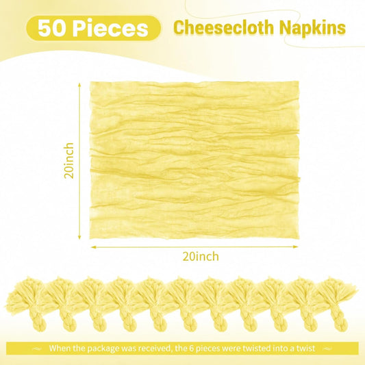 50 Pack Yellow Cheesecloth Napkins 20x20 Inch Cloth Napkins Bulk Rustic Boho Gauze Dinner Napkin Cloth Washable Table Napkin for Wedding Party Bridal Baby Shower Table Decor