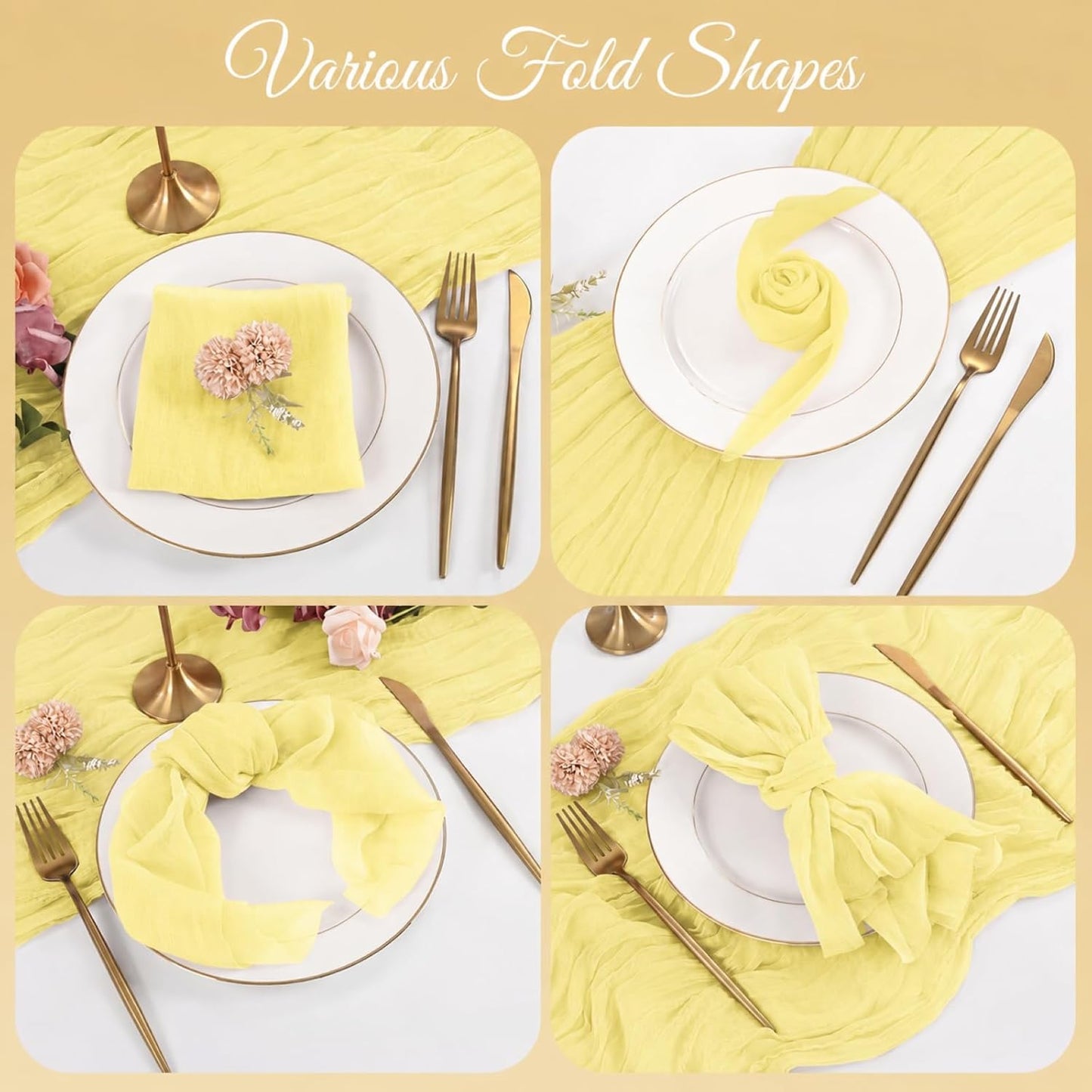 50 Pack Yellow Cheesecloth Napkins 20x20 Inch Cloth Napkins Bulk Rustic Boho Gauze Dinner Napkin Cloth Washable Table Napkin for Wedding Party Bridal Baby Shower Table Decor