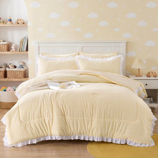 Gingham Ruffle Comforter Set 5Pieces Light Washable Twin Size for Girls,Vintage Farmhouse Bedding Set(Yellow,Twin)