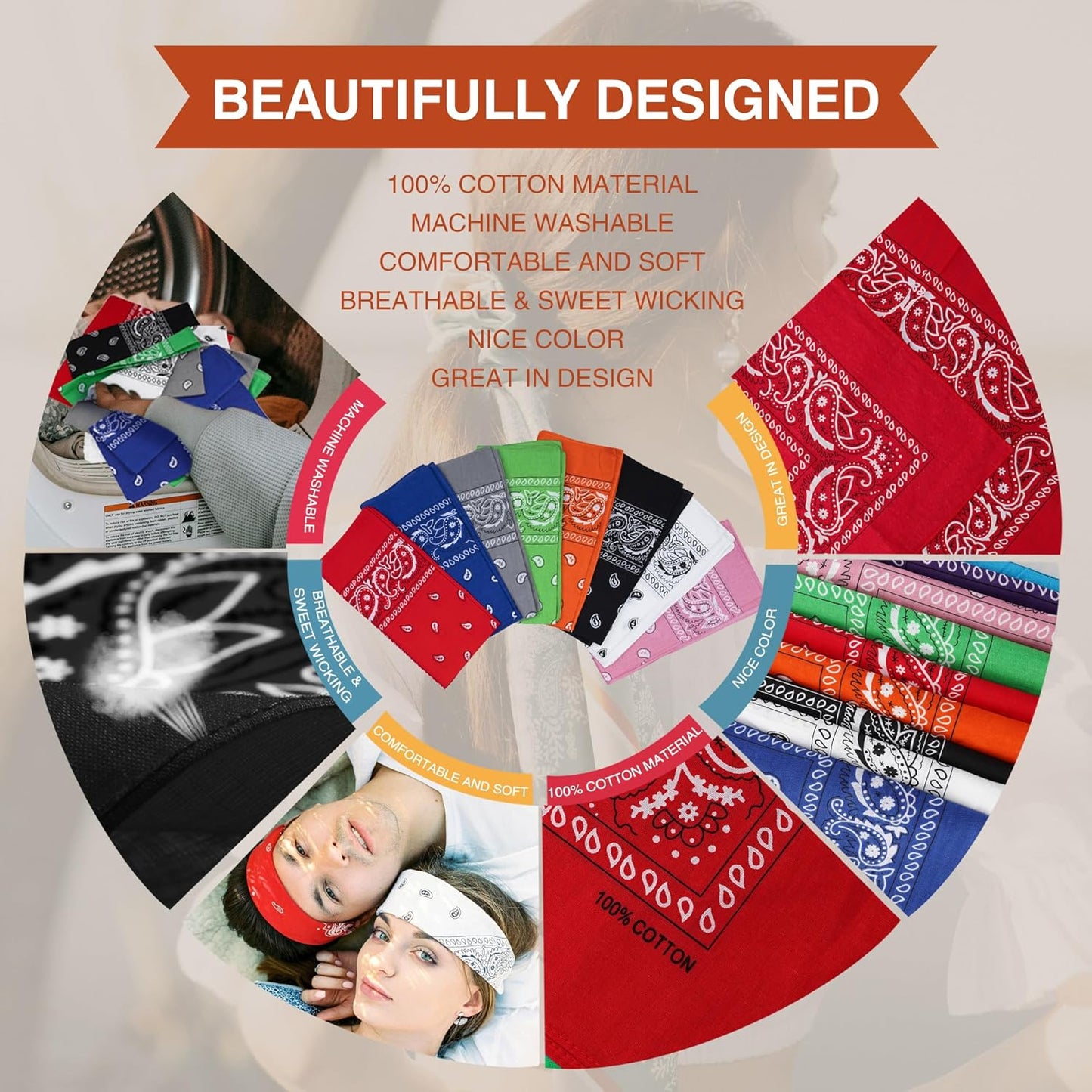 100% Cotton Bandanas, 22" Paisley Bandana Headbands for Men Women | Multi-Purpose 100% Cotton Bandana Headbands,Cowboy Bandanas for Women and Men