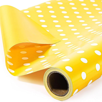 Yellow Reversible Wrapping Paper Roll, 17 inch X 33 Feet | Solid Yellow and Yellow-white Polka Dot Sides, Kraft Paper, for Small to Medium Gifts, Bouquets, Birthdays, and Baby Showers