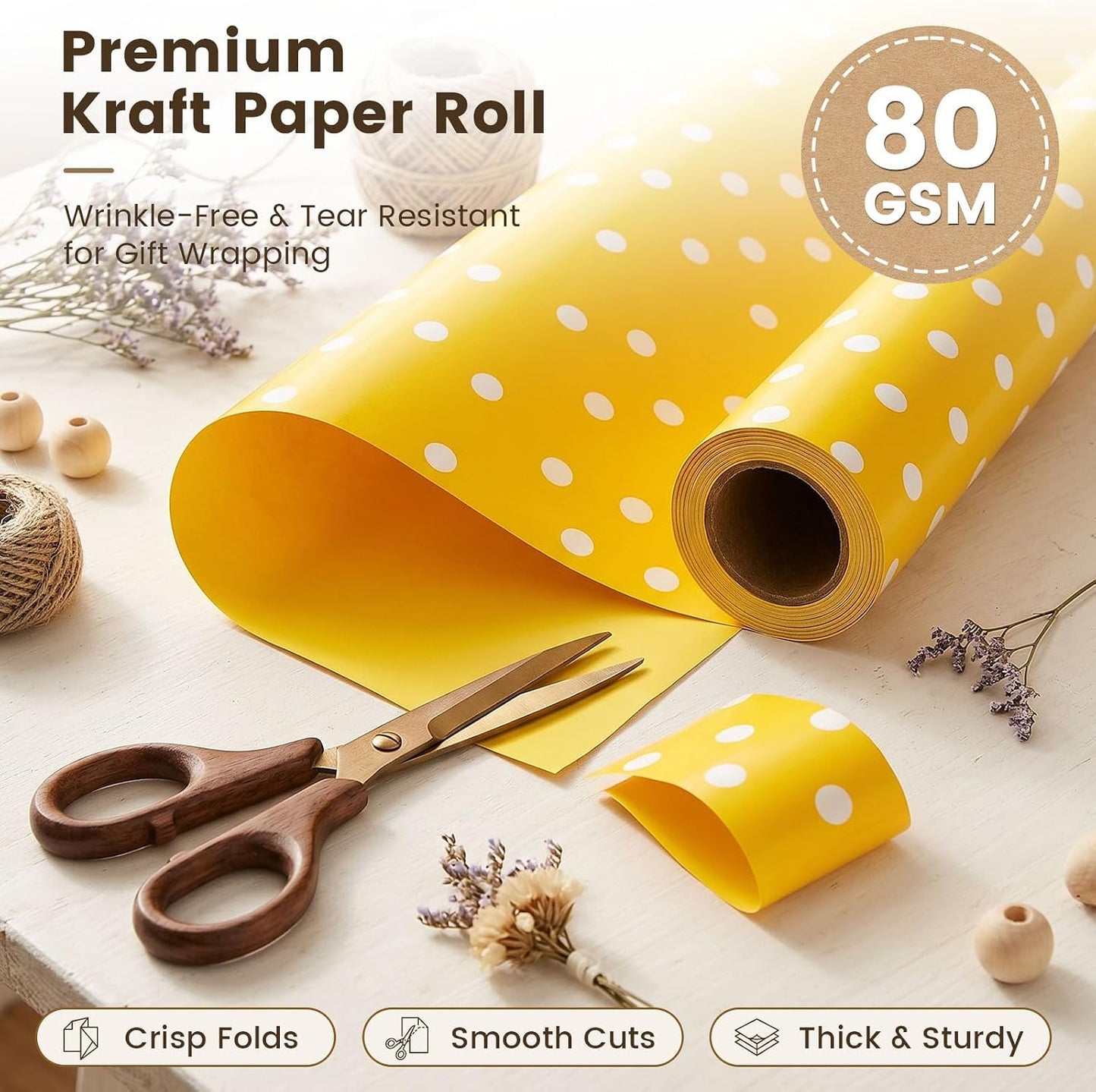 Yellow Reversible Wrapping Paper Roll, 17 inch X 33 Feet | Solid Yellow and Yellow-white Polka Dot Sides, Kraft Paper, for Small to Medium Gifts, Bouquets, Birthdays, and Baby Showers