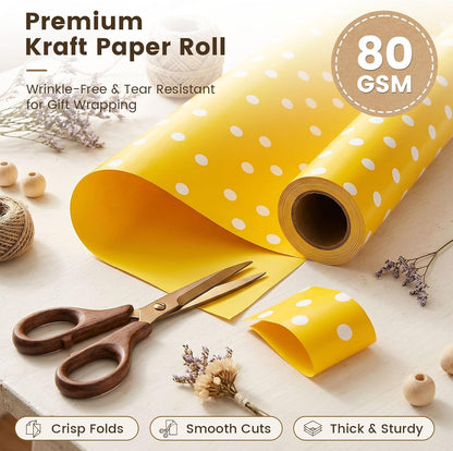 Yellow Reversible Wrapping Paper Roll, 17 inch X 33 Feet | Solid Yellow and Yellow-white Polka Dot Sides, Kraft Paper, for Small to Medium Gifts, Bouquets, Birthdays, and Baby Showers
