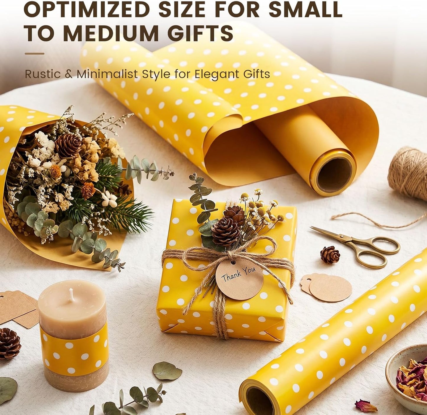 Yellow Reversible Wrapping Paper Roll, 17 inch X 33 Feet | Solid Yellow and Yellow-white Polka Dot Sides, Kraft Paper, for Small to Medium Gifts, Bouquets, Birthdays, and Baby Showers