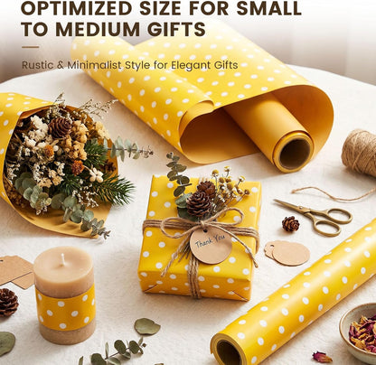 Yellow Reversible Wrapping Paper Roll, 17 inch X 33 Feet | Solid Yellow and Yellow-white Polka Dot Sides, Kraft Paper, for Small to Medium Gifts, Bouquets, Birthdays, and Baby Showers