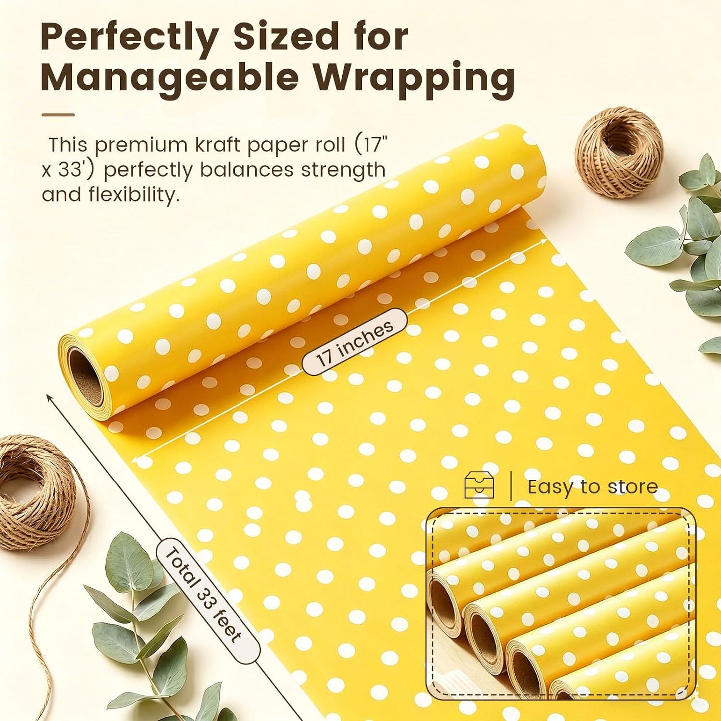 Yellow Reversible Wrapping Paper Roll, 17 inch X 33 Feet | Solid Yellow and Yellow-white Polka Dot Sides, Kraft Paper, for Small to Medium Gifts, Bouquets, Birthdays, and Baby Showers