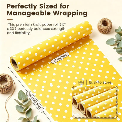 Yellow Reversible Wrapping Paper Roll, 17 inch X 33 Feet | Solid Yellow and Yellow-white Polka Dot Sides, Kraft Paper, for Small to Medium Gifts, Bouquets, Birthdays, and Baby Showers