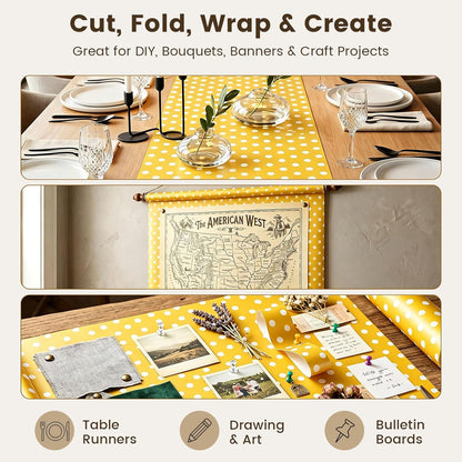 Yellow Reversible Wrapping Paper Roll, 17 inch X 33 Feet | Solid Yellow and Yellow-white Polka Dot Sides, Kraft Paper, for Small to Medium Gifts, Bouquets, Birthdays, and Baby Showers