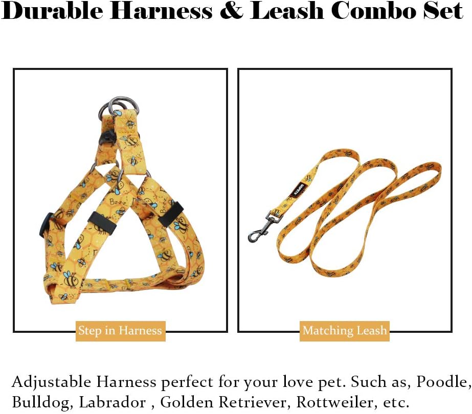 Dog Harness Leash Set Adjustable Heavy Duty No Pull Halter Harnesses for Small Medium Large Breed Dogs Back Clip Anti-Twist Perfect for Walking (XS(12"-18" Chest Girth), Yellow Bee)