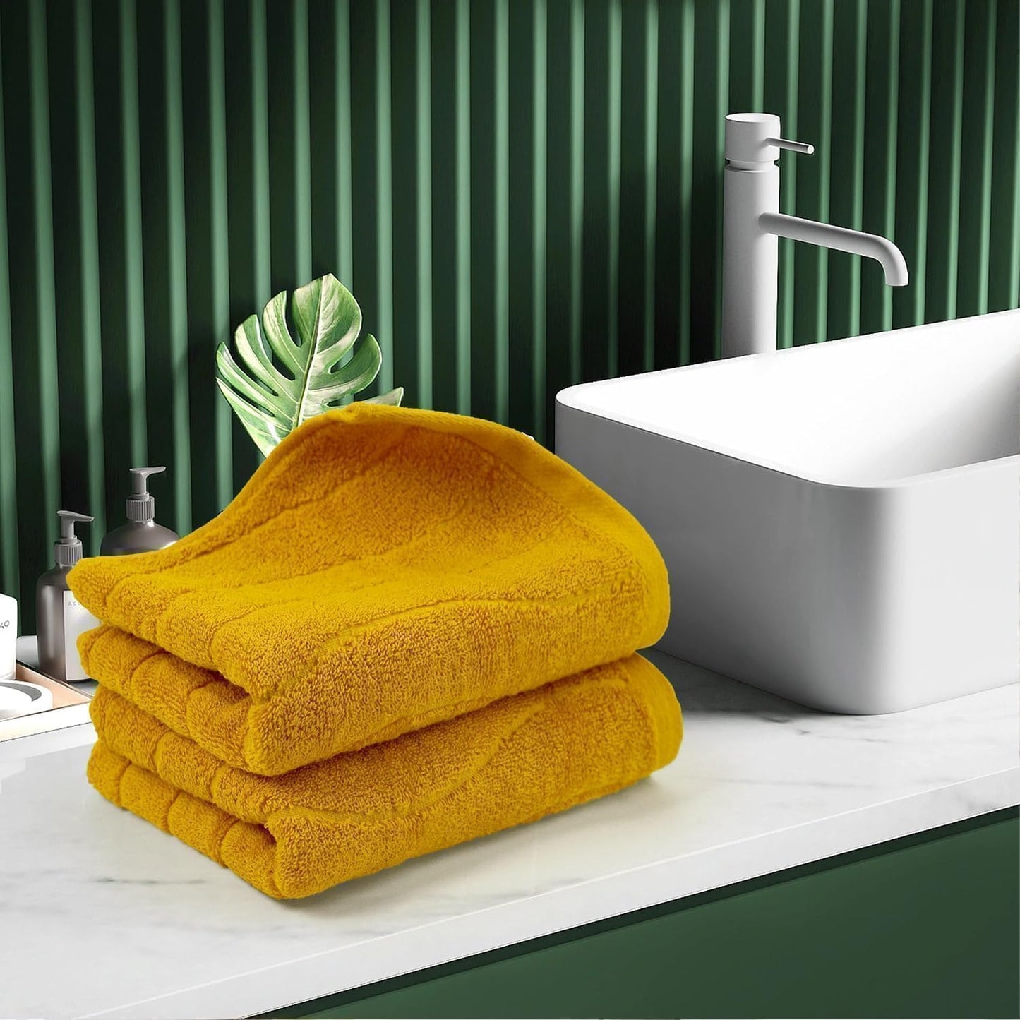 Wavy Striped Cotton Hand Towels, Set of 2, Dry Your Hand Instantly, 13x29 Inches, Mustard Kitchen Bathroom Towel