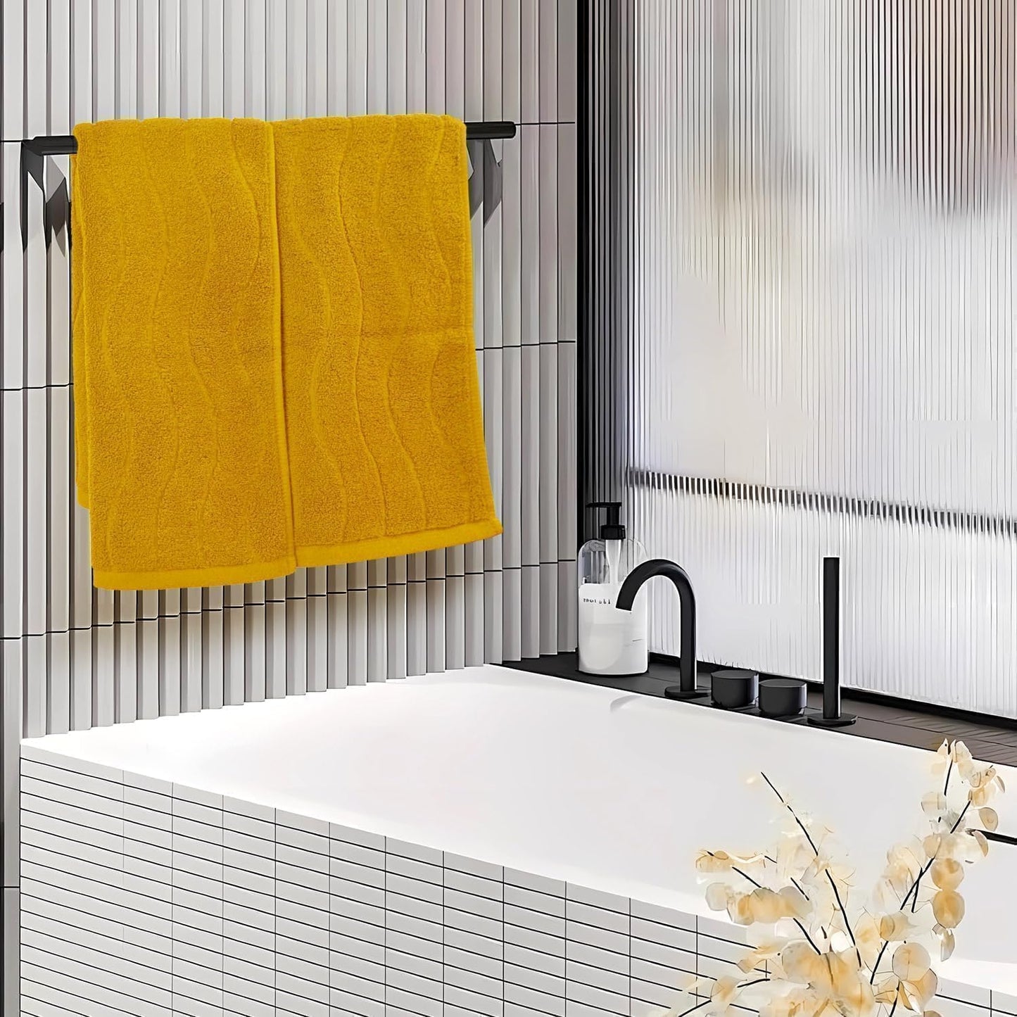 Wavy Striped Cotton Hand Towels, Set of 2, Dry Your Hand Instantly, 13x29 Inches, Mustard Kitchen Bathroom Towel