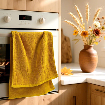 Wavy Striped Cotton Hand Towels, Set of 2, Dry Your Hand Instantly, 13x29 Inches, Mustard Kitchen Bathroom Towel