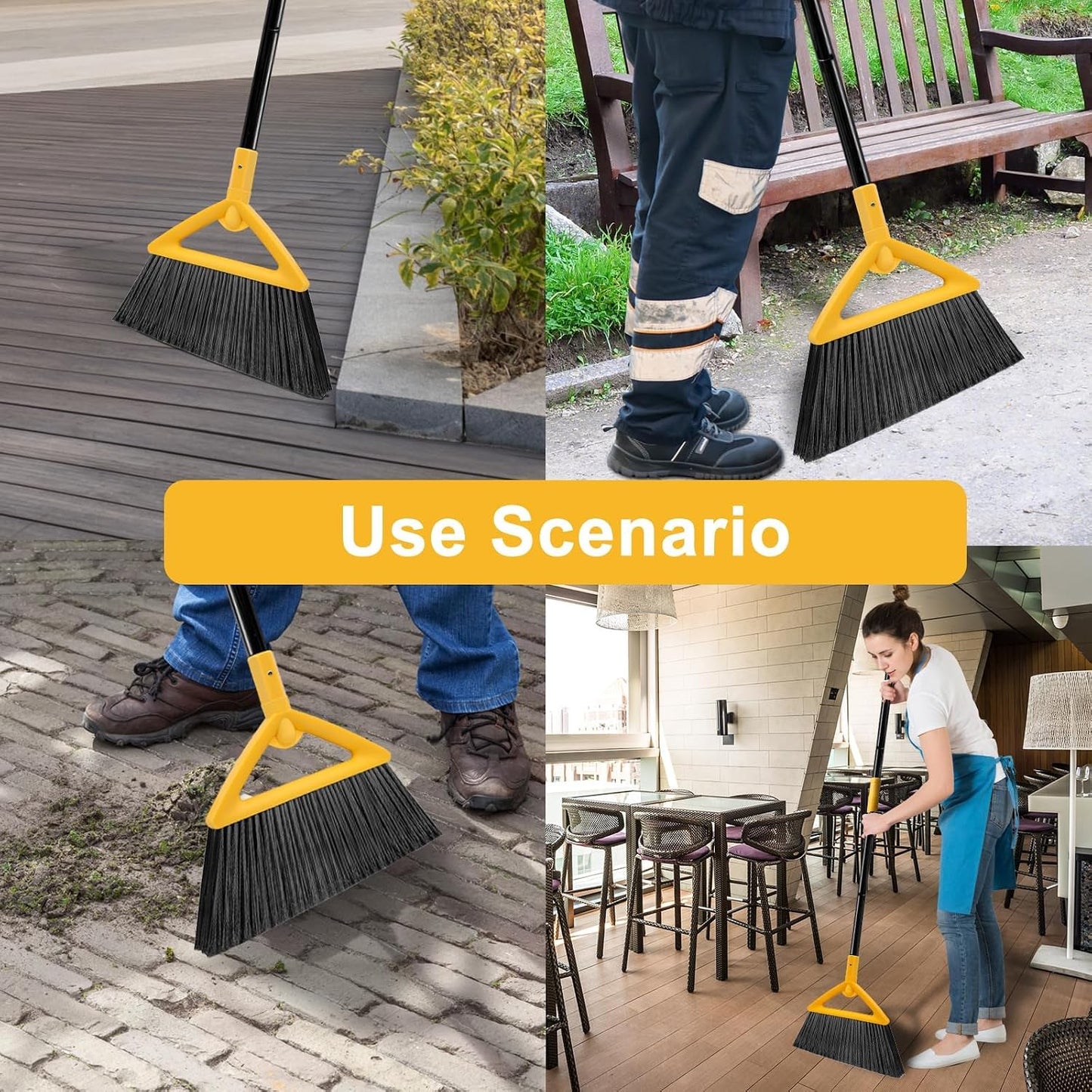Heavy Duty Angle Broom 3 Pack - Yellow Broom for Outdoor & Indoor, Garage, Driveway, Sidewalk, Kitchen & More, Long Handle