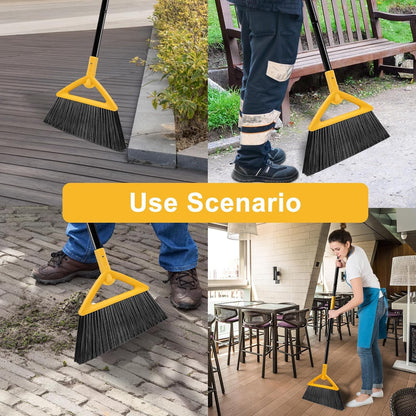 Heavy Duty Angle Broom 3 Pack - Yellow Broom for Outdoor & Indoor, Garage, Driveway, Sidewalk, Kitchen & More, Long Handle