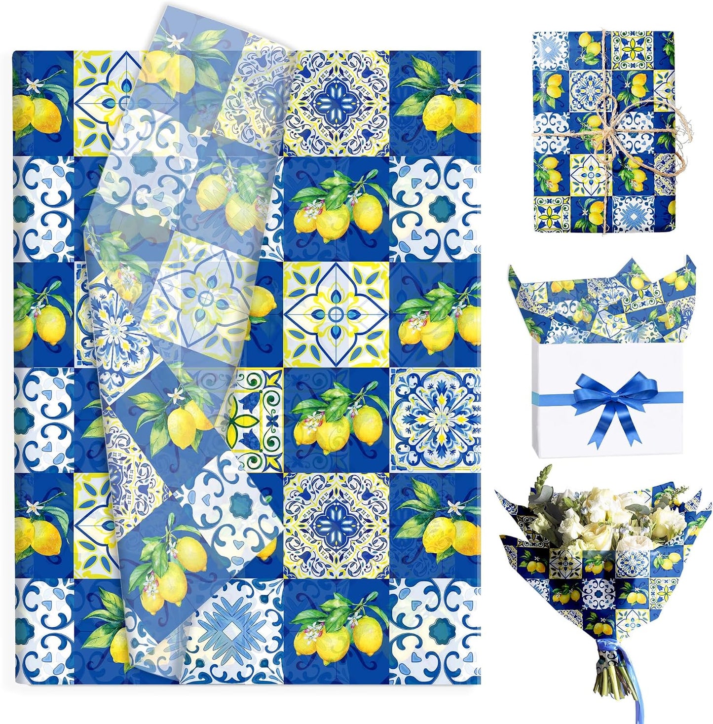 50 Sheets Blue Tiles Lemon Tissue Paper, 20 x 14 Inches Blue Tiles Lemons Gift Wrapping Paper, Lemon Pattern Art Craft Paper for Birthday Gift Bag Fillers, Wedding, Bridal Shower Party Supplies
