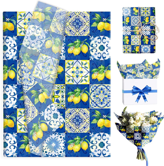50 Sheets Blue Tiles Lemon Tissue Paper, 20 x 14 Inches Blue Tiles Lemons Gift Wrapping Paper, Lemon Pattern Art Craft Paper for Birthday Gift Bag Fillers, Wedding, Bridal Shower Party Supplies