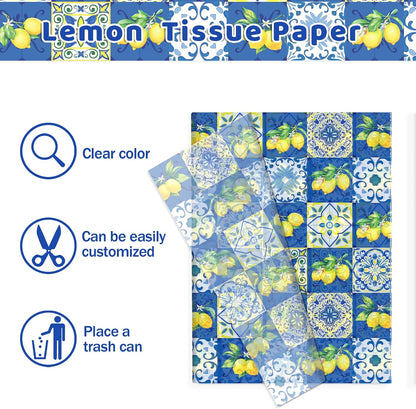 50 Sheets Blue Tiles Lemon Tissue Paper, 20 x 14 Inches Blue Tiles Lemons Gift Wrapping Paper, Lemon Pattern Art Craft Paper for Birthday Gift Bag Fillers, Wedding, Bridal Shower Party Supplies