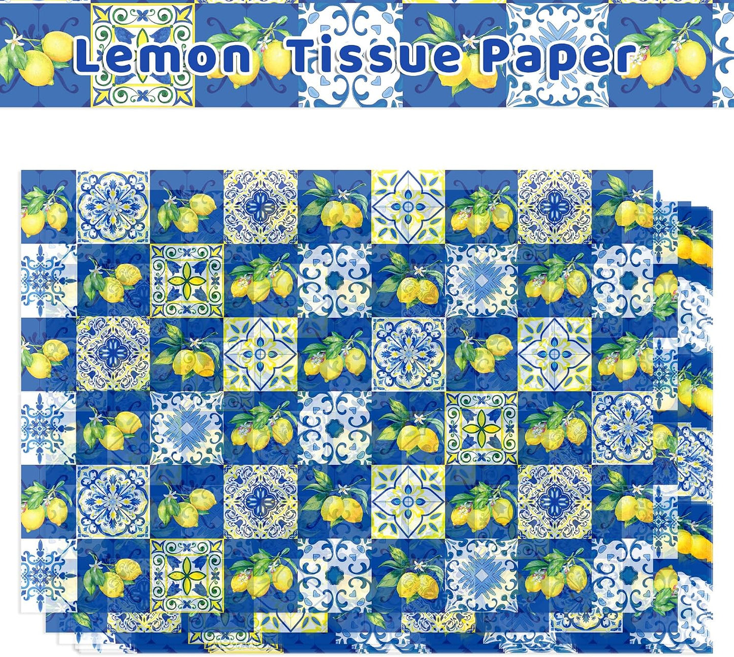 50 Sheets Blue Tiles Lemon Tissue Paper, 20 x 14 Inches Blue Tiles Lemons Gift Wrapping Paper, Lemon Pattern Art Craft Paper for Birthday Gift Bag Fillers, Wedding, Bridal Shower Party Supplies