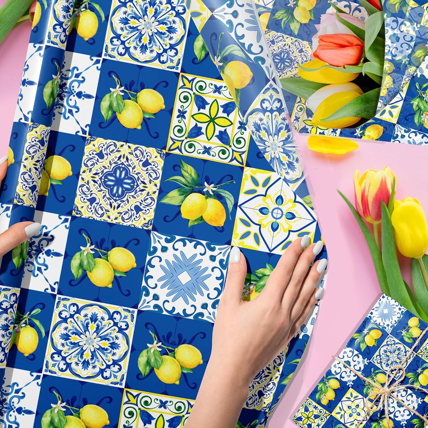 50 Sheets Blue Tiles Lemon Tissue Paper, 20 x 14 Inches Blue Tiles Lemons Gift Wrapping Paper, Lemon Pattern Art Craft Paper for Birthday Gift Bag Fillers, Wedding, Bridal Shower Party Supplies